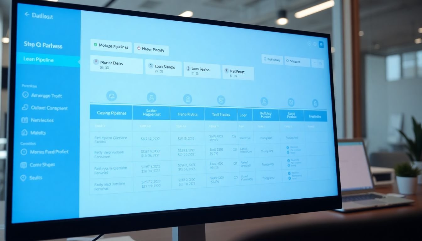 Mortgage pipeline dashboard showing loan stages from lead to close on computer screen, Dallas Texas office