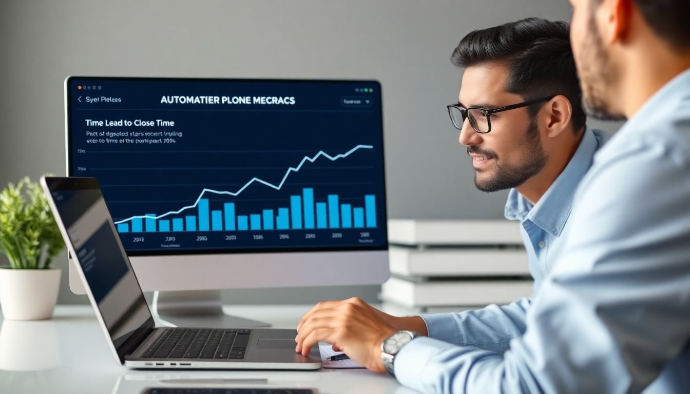 Mortgage broker reviewing automated pipeline metrics showing lead-to-close time reduction, Dallas Texas
