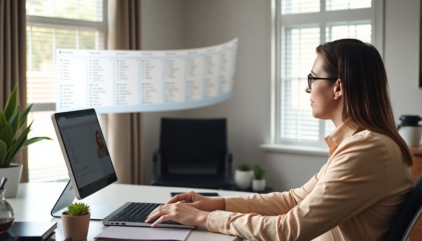 Solo real estate agent reviewing CRM contact list with nurture sequence timeline on screen, Katy Texas home office