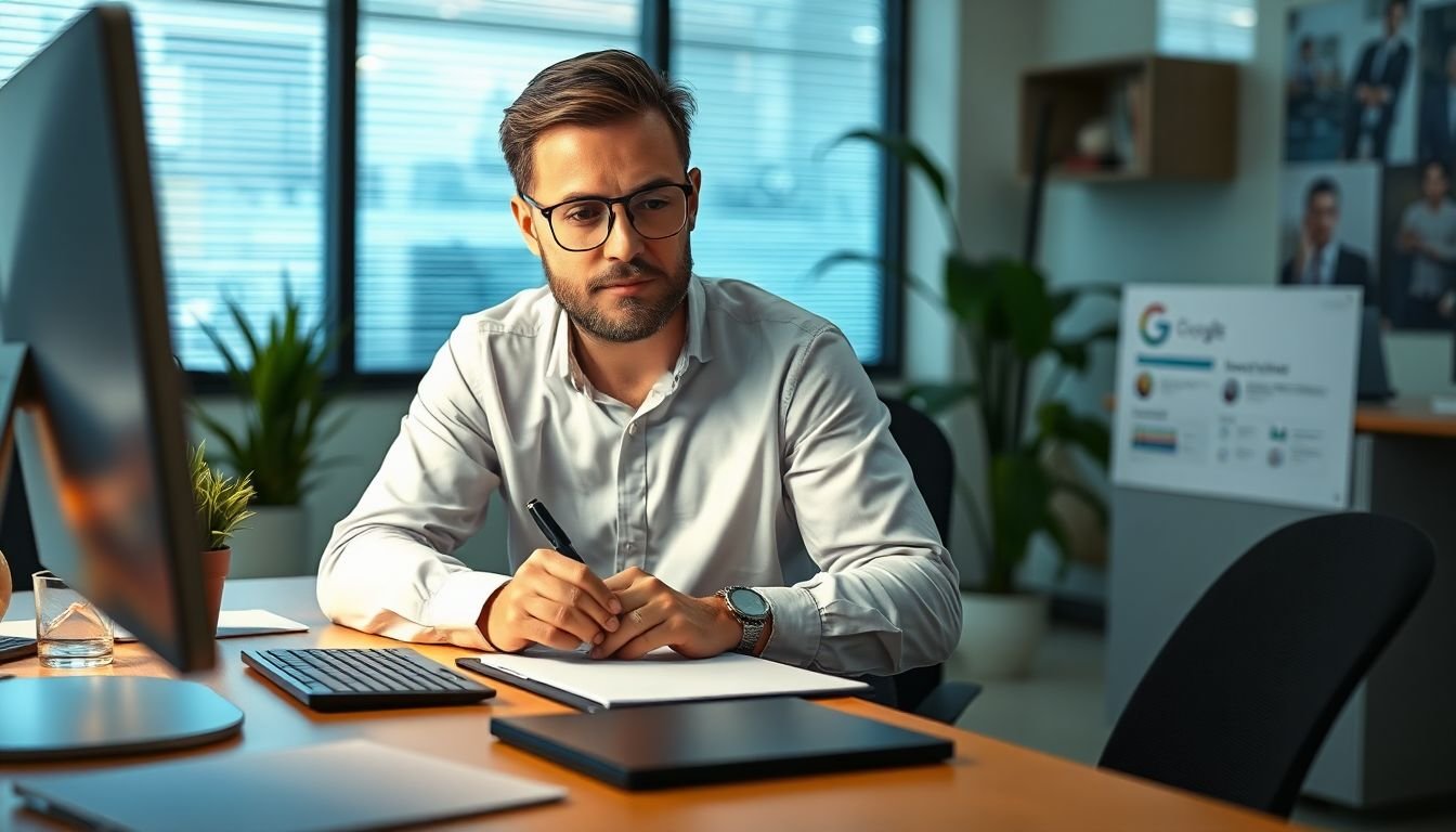 Business owner carefully composing professional Google review response on computer, calm focused expression, Houston Texas office