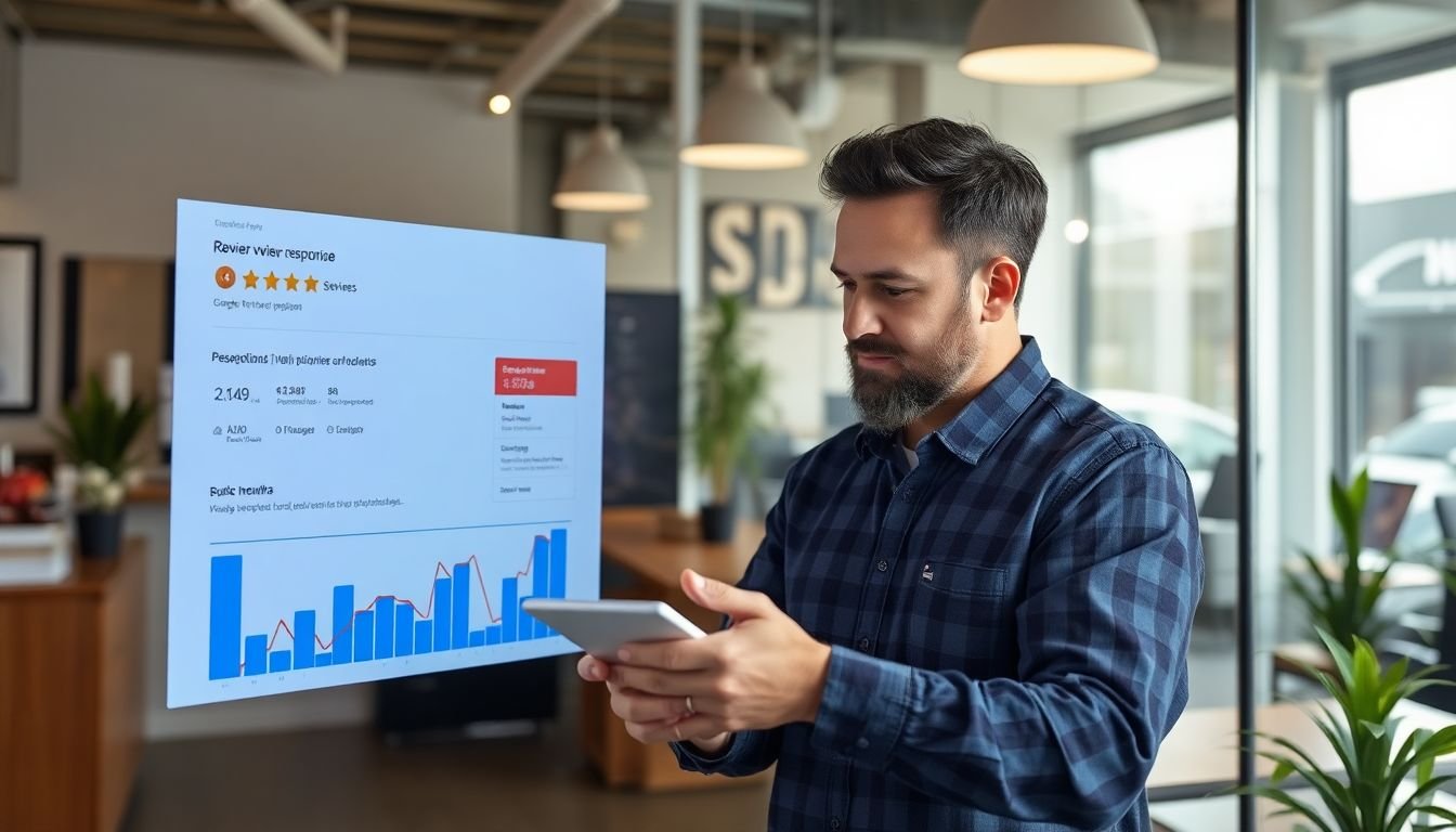 Business owner reviewing Google review response analytics showing improved public perception over 6 months, Houston Texas office