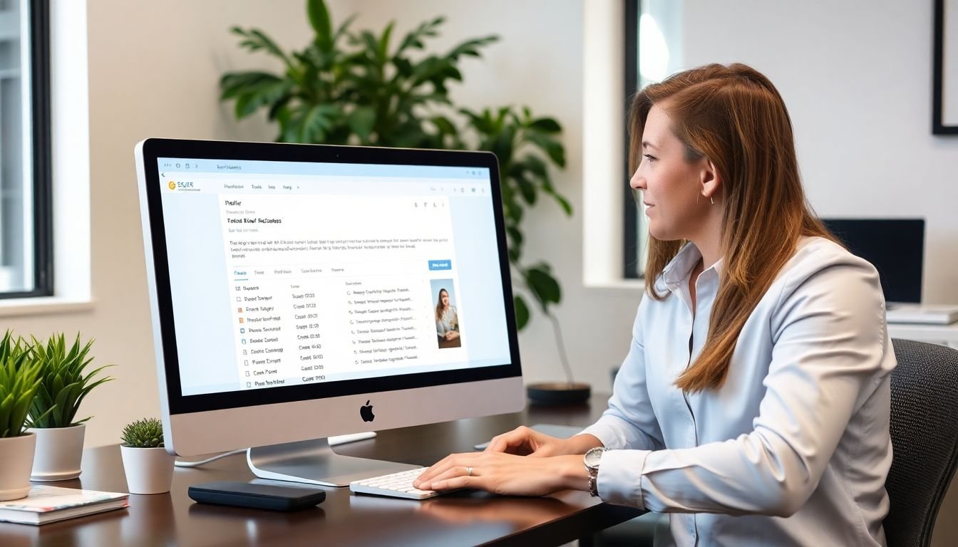 Real estate agent reviewing automated referral email sequence on computer, past client list visible, Houston Texas office