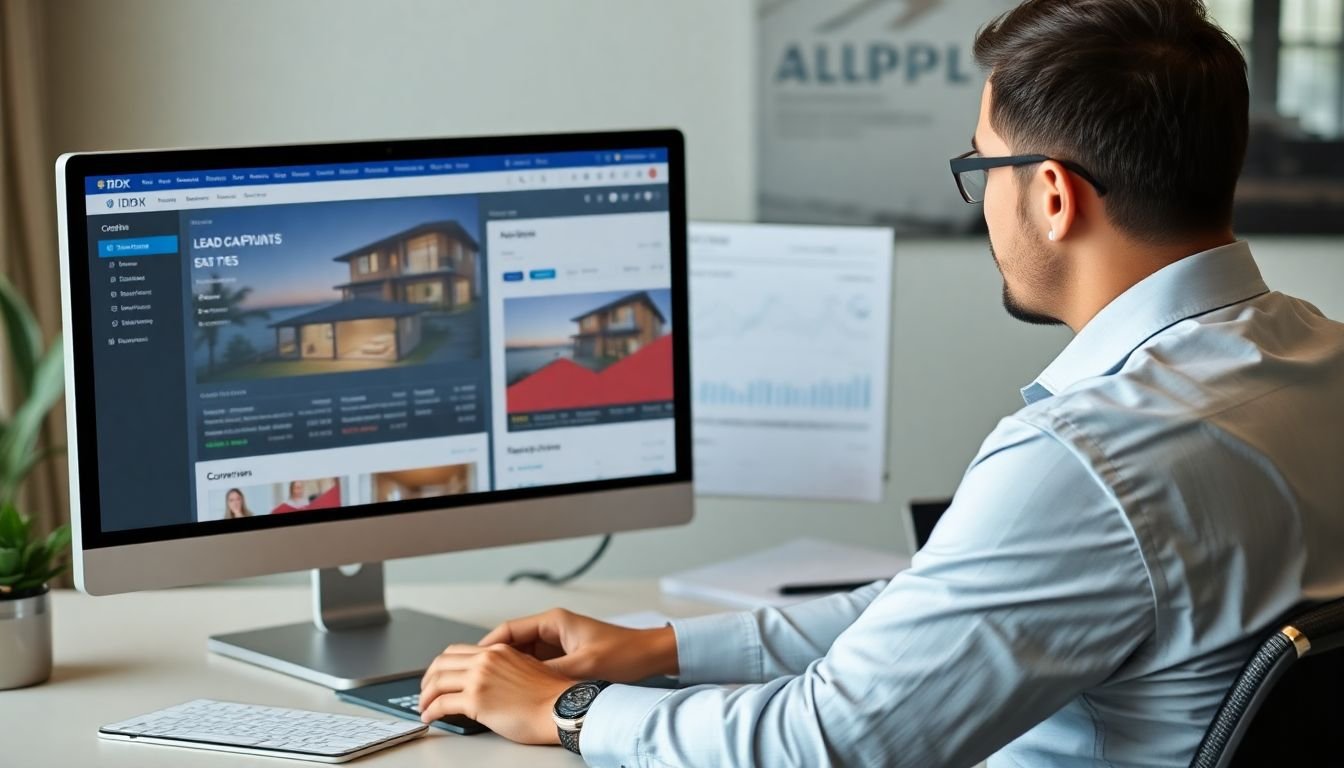 Real estate agent reviewing IDX website analytics showing lead capture conversions on dual monitors, Austin Texas