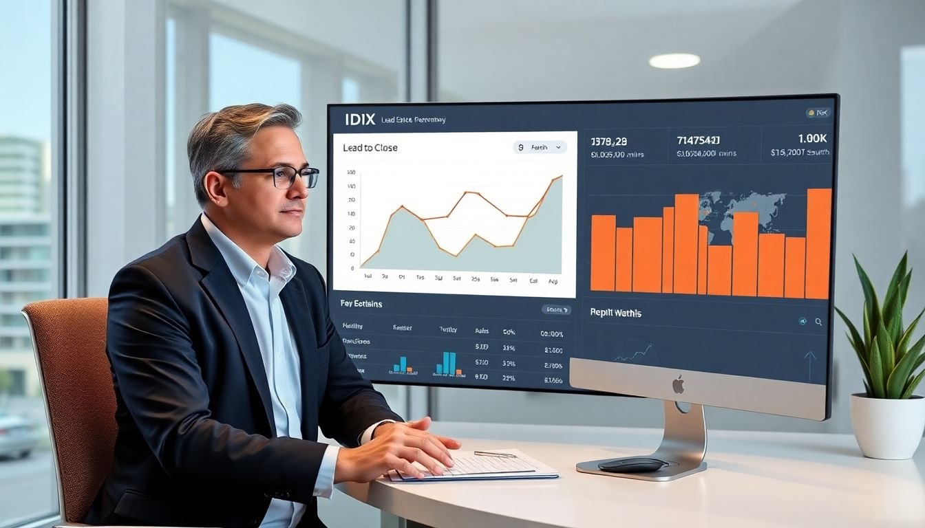 Real estate agent reviewing IDX lead-to-close conversion rate improvement over 6 months on dashboard, Austin Texas