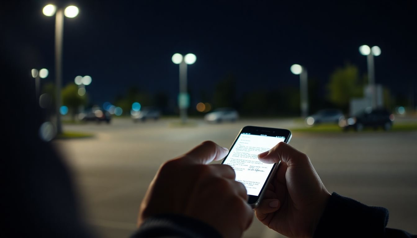 Client signing digital engagement letter on smartphone in parking lot at night, e-signature completion confirmation