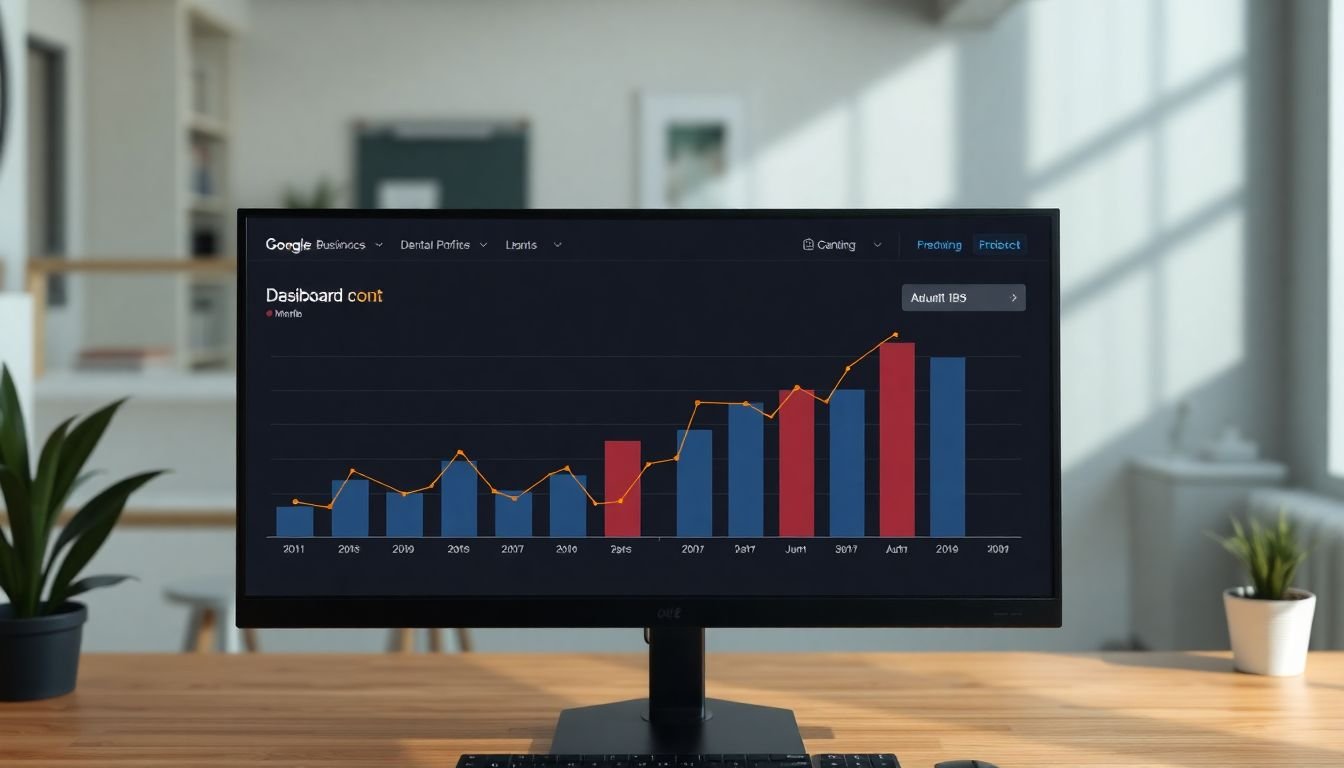 Google Business Profile dashboard showing rising review count chart over 6 months, dental office computer, Austin Texas