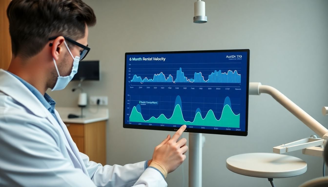 Dentist reviewing 6-month review velocity report showing consistent weekly review cadence, Austin Texas dental office