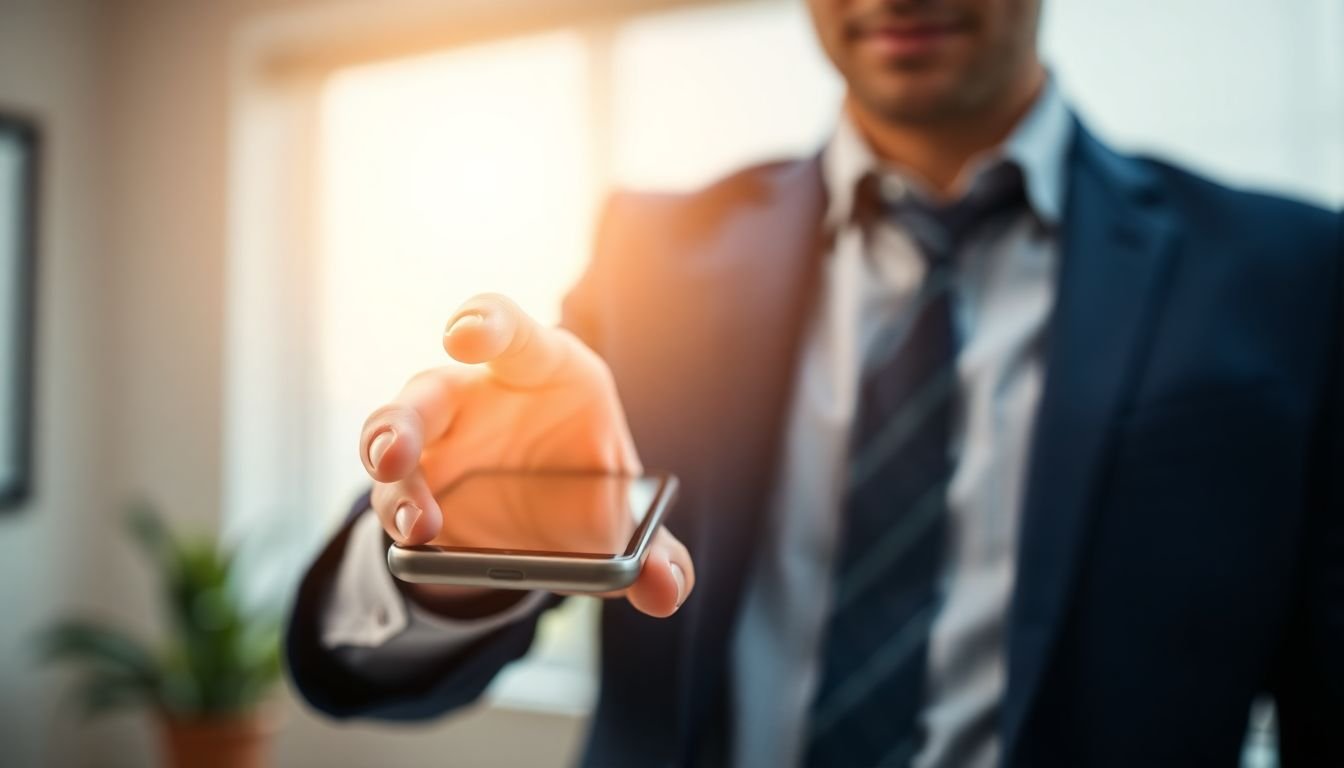 Loan officer racing to answer phone call within seconds, hand reaching for phone, Woodlands Texas mortgage office