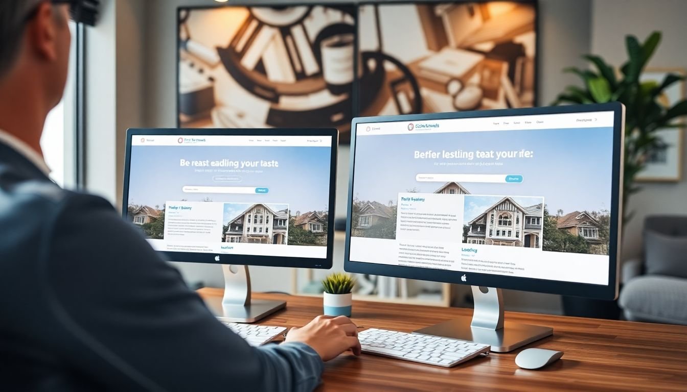 Real estate coach migrating landing page content to new platform on dual monitors, Dallas Texas