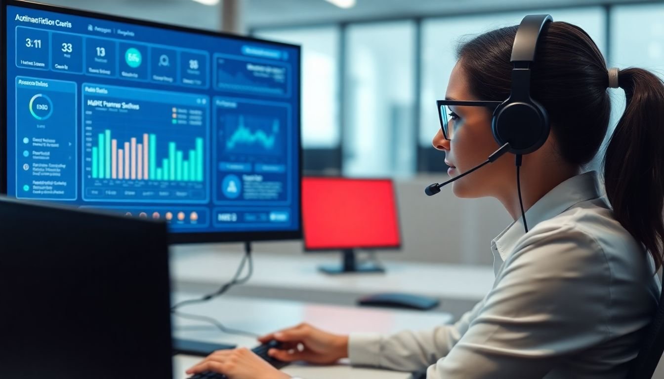 Split scene showing AI dashboard on left monitor and human receptionist headset on right, clear comparison visual