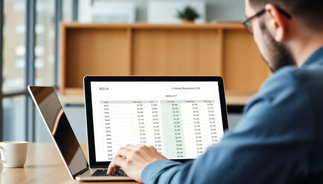 Business owner reviewing side-by-side ROI comparison spreadsheet on laptop showing AI vs human receptionist annual cost