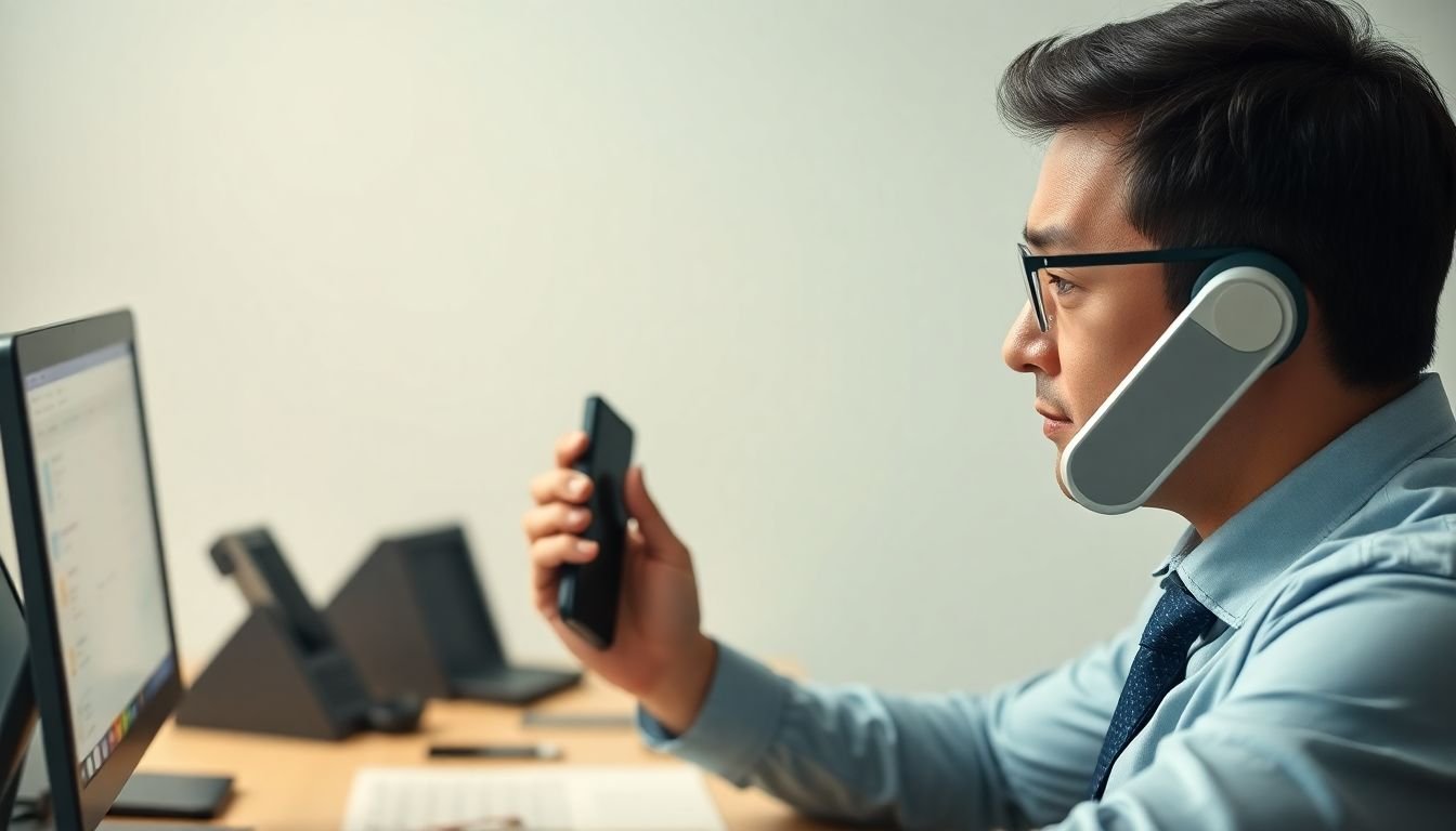 Loan officer on phone with borrower, confident and first to respond, competitor phones ringing unanswered in background