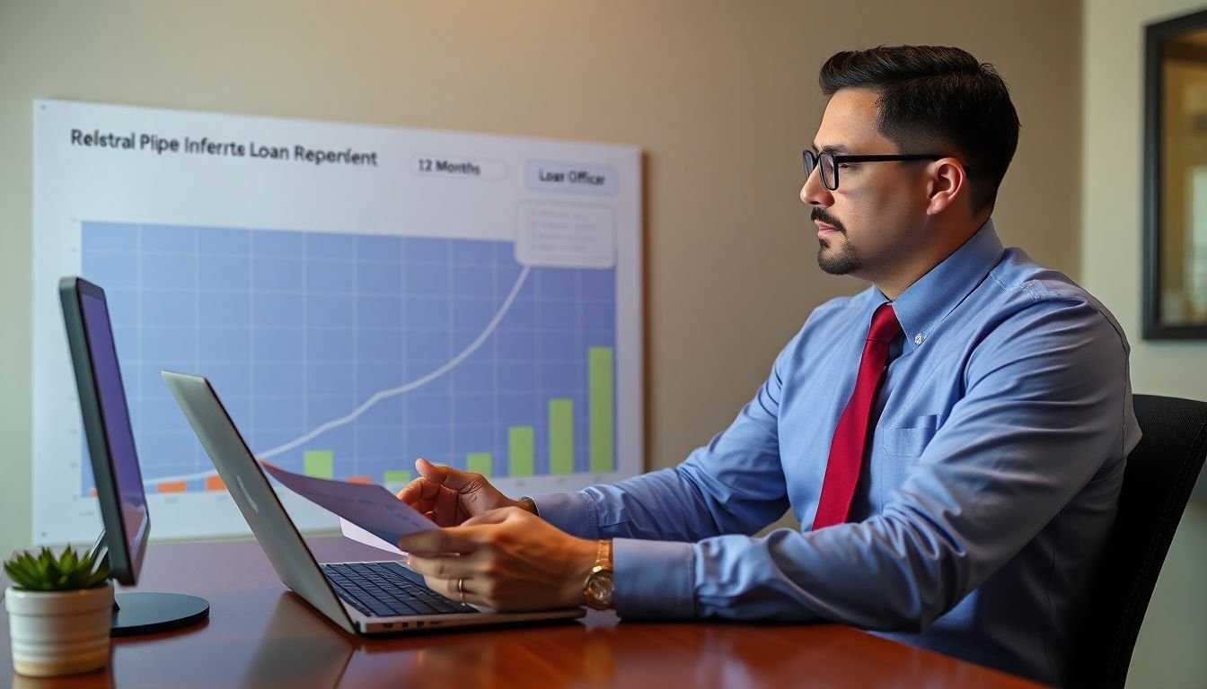 Loan officer reviewing referral pipeline growth chart, first-responder advantage compound effect over 12 months, Houston Texas