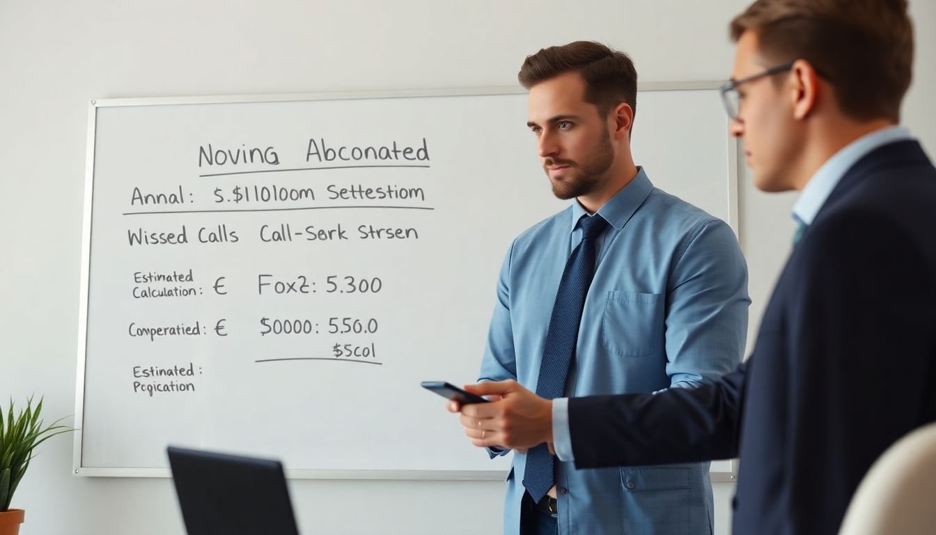 Law firm managing partner reviewing estimated annual revenue from weekend missed calls calculation on whiteboard, Houston Texas