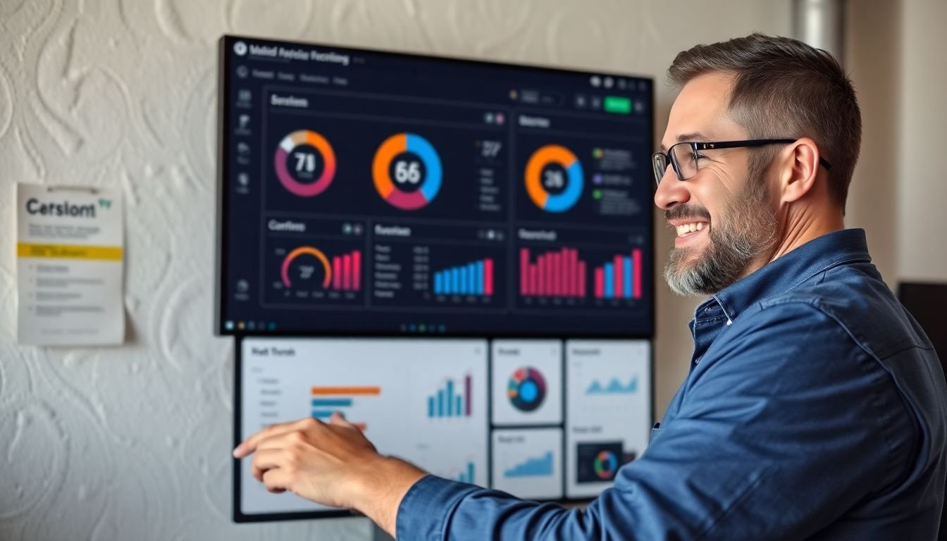 HVAC business owner reviewing simple service CRM dashboard designed for field service, Phoenix Arizona, satisfied expression