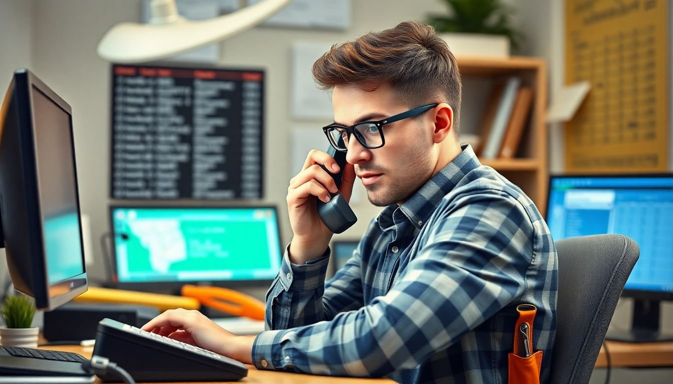 Small business owner overwhelmed at busy desk with ringing phone and tool belt, missed calls piling up on call log screen