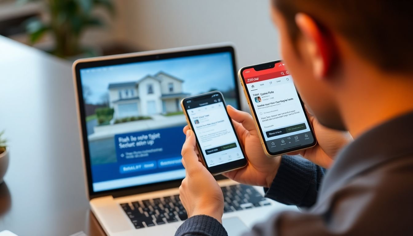 Real estate agent reviewing Zillow lead notification on phone with automated follow-up sequence on laptop screen