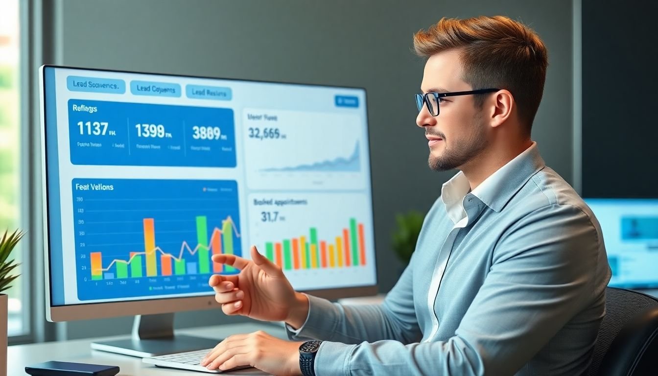Real estate agent reviewing Zillow lead conversion dashboard showing follow-up sequence results, booked appointments chart