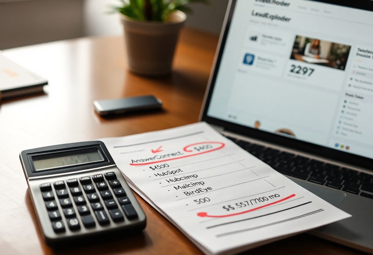 Desk with calculator and invoices comparing AnswerConnect and LeadExploder monthly costs