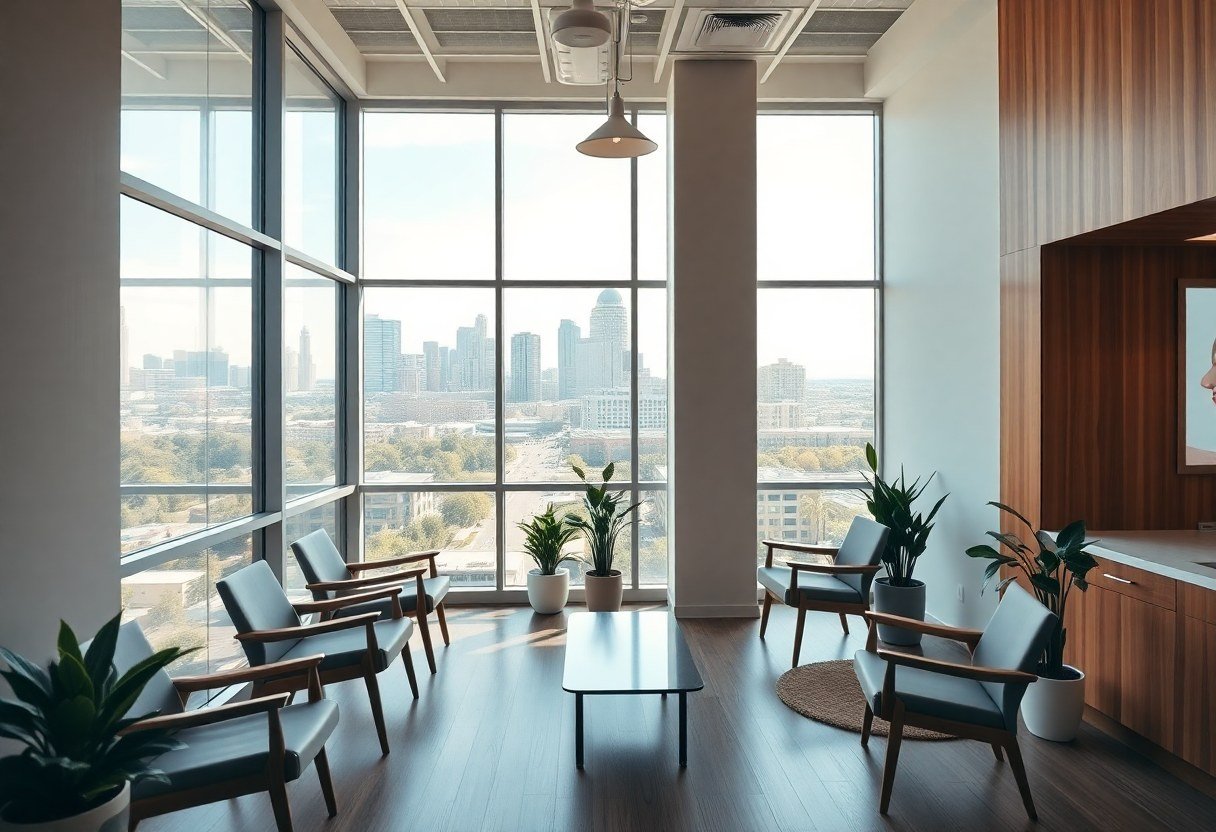 Modern dental office interior in Hyde Park, Austin, with natural light and downtown skyline visible through windows