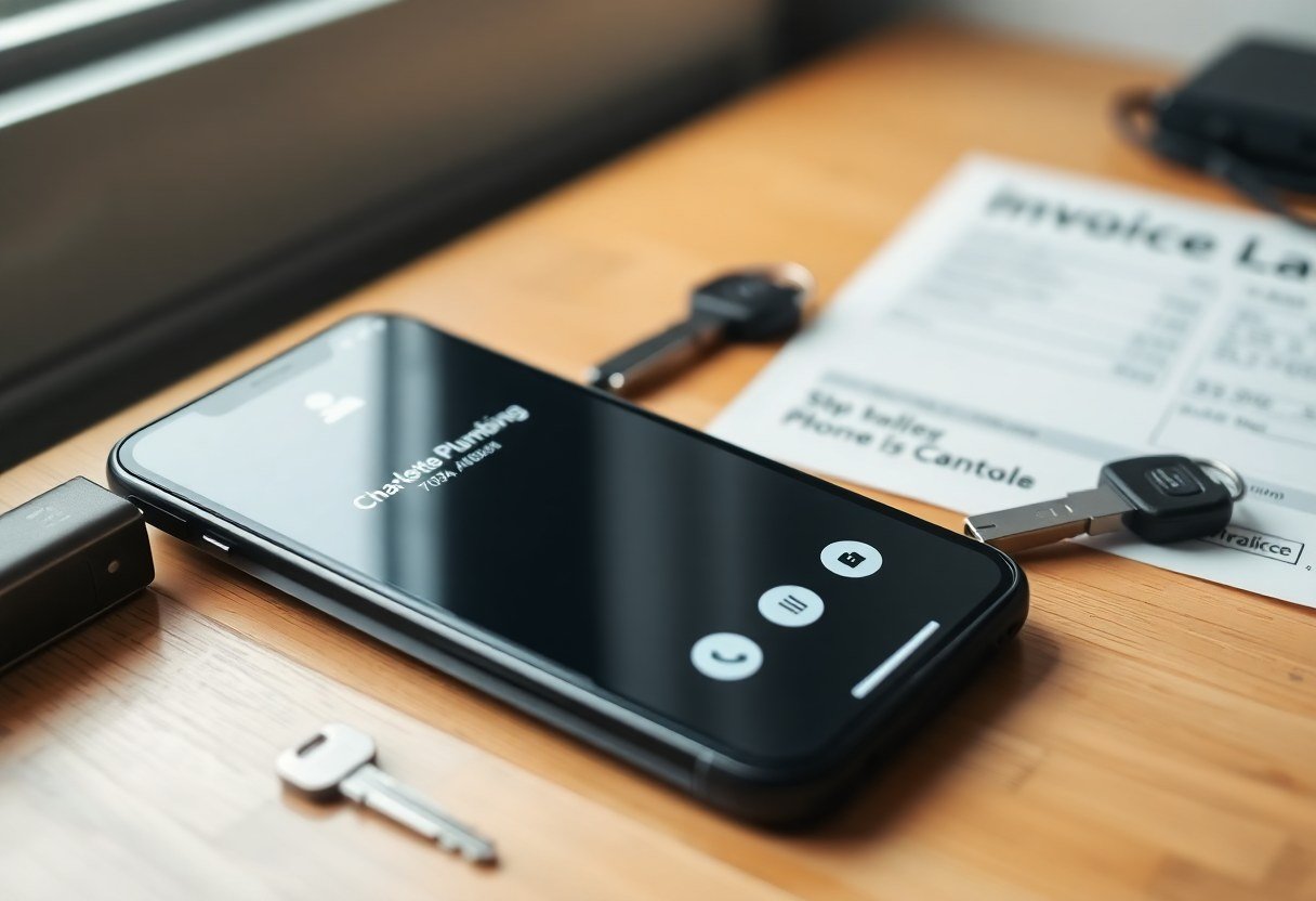 Smartphone displaying incoming call from Charlotte plumbing company