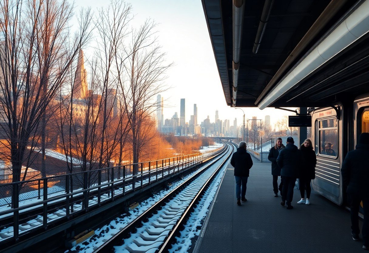 Chicago L train platform in winter with downtown skyline visible in background