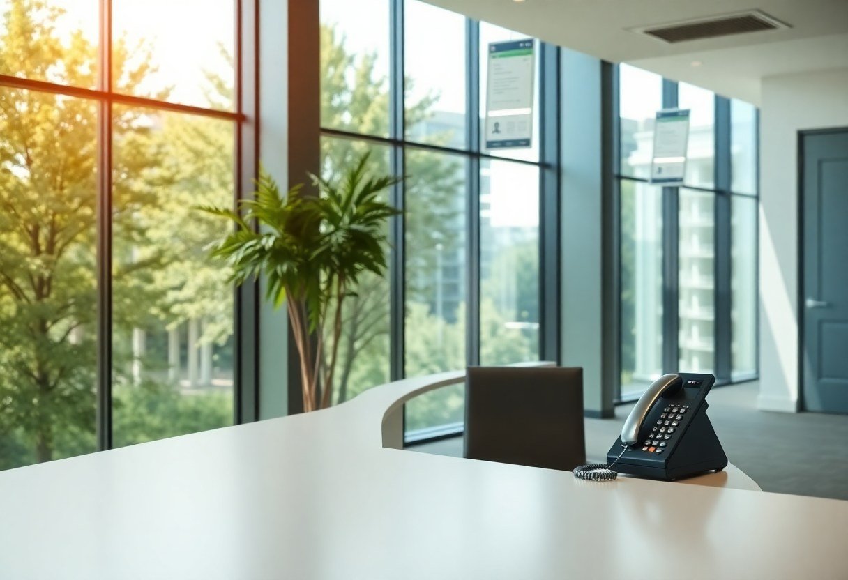 Empty reception desk in a Dallas office with phone ringing