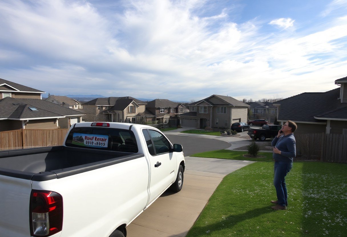 Highlands Ranch neighborhood morning after hailstorm with roof damage visible