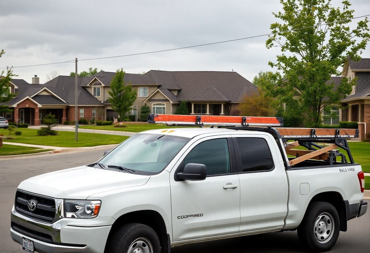 Roofing contractor truck in Murfreesboro neighborhood after storm