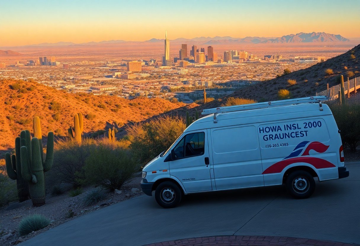 Phoenix service van parked in South Mountain neighborhood with downtown skyline visible in distance