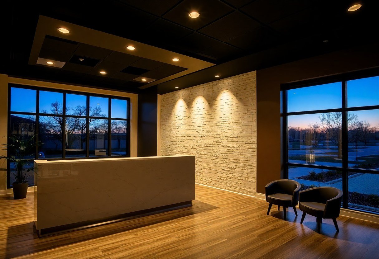 Modern med spa reception area in Stone Oak, San Antonio at night