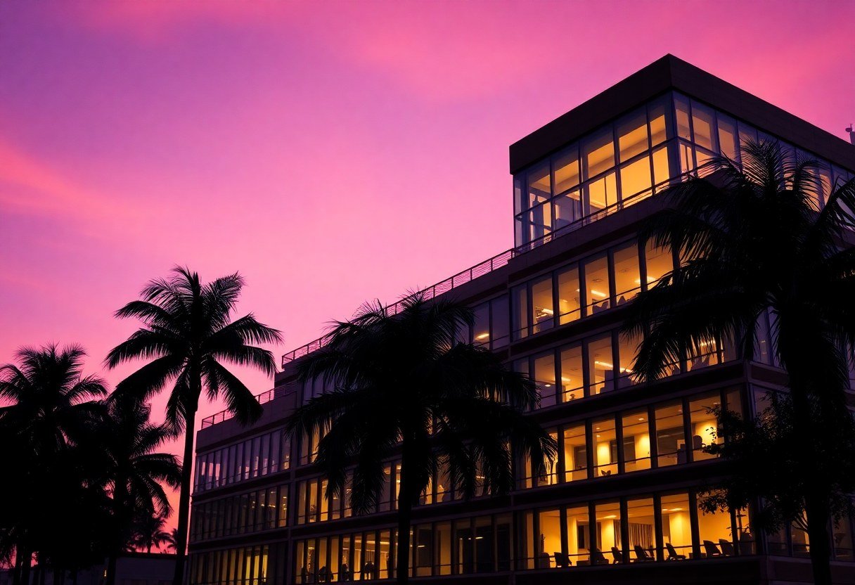 San Diego coastal office building at sunset representing after-hours business availability