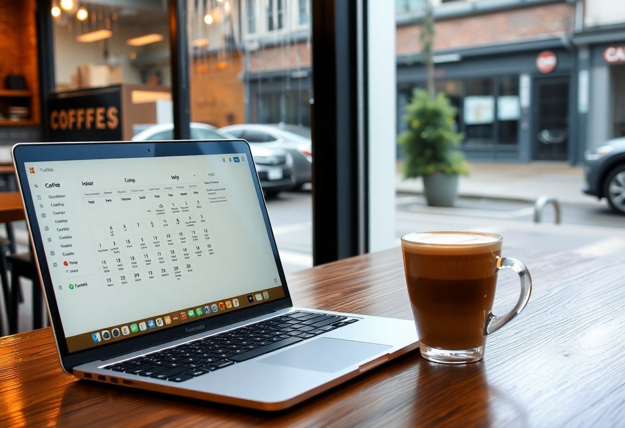 Laptop open in a Seattle coffee shop showing appointment calendar during a rainy morning