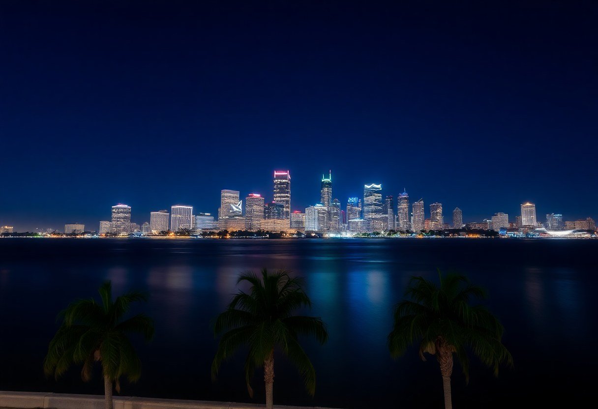 Tampa downtown skyline at night with bay reflections