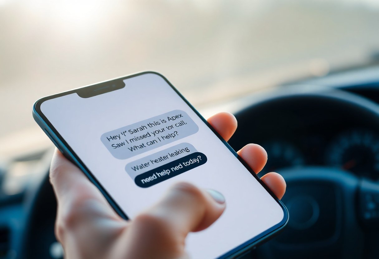 Text message exchange showing missed-call text-back automation in action