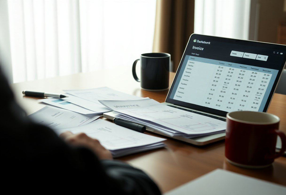 Small business owner reviewing multiple SaaS subscription invoices and usage bills on desk