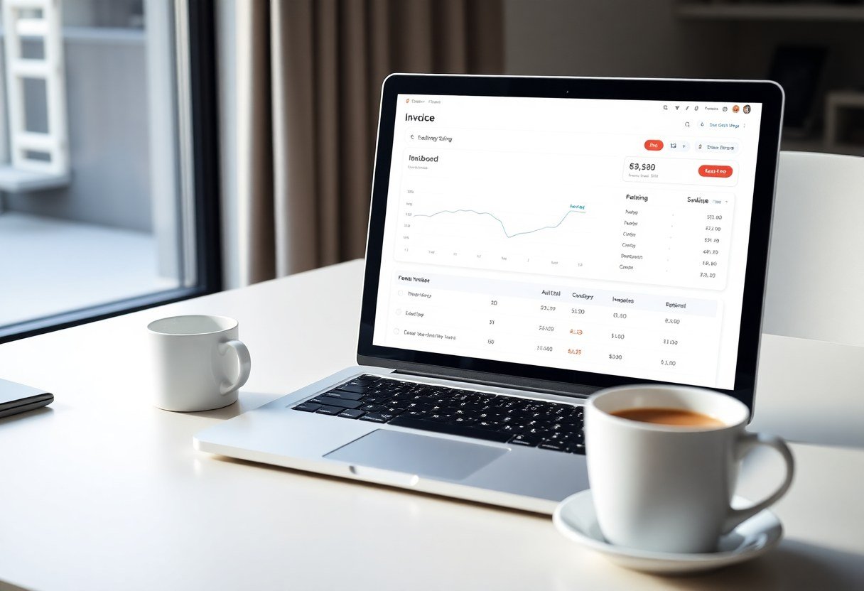 Laptop displaying unified billing dashboard with single monthly invoice for CRM and usage