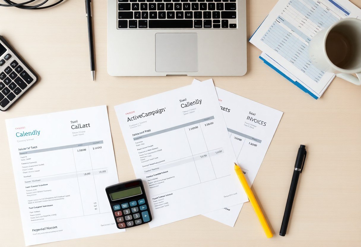 Desk with calculator and multiple SaaS invoices showing monthly subscription costs