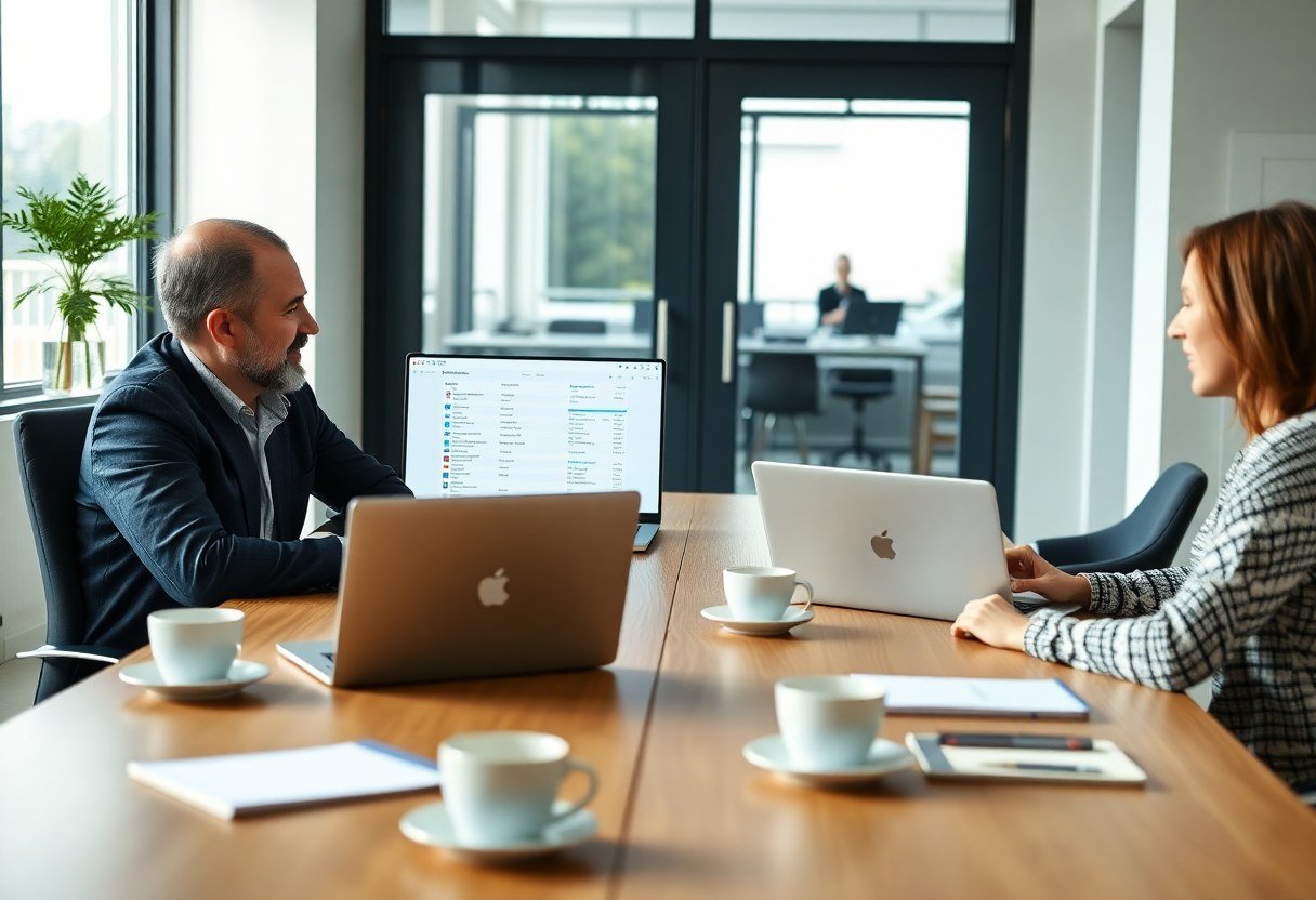 Business owner reviewing CRM migration plan with consultant
