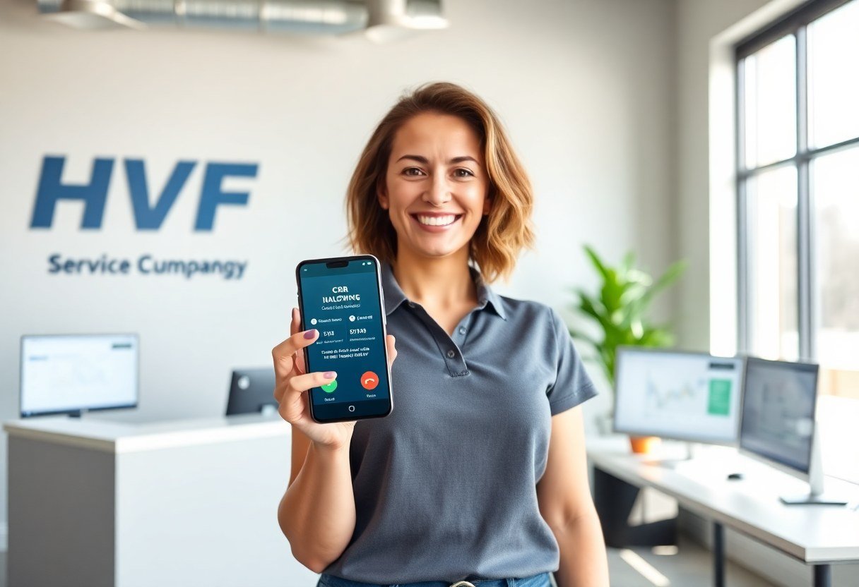 Service business owner receiving an inbound call on her mobile phone while standing in her company office