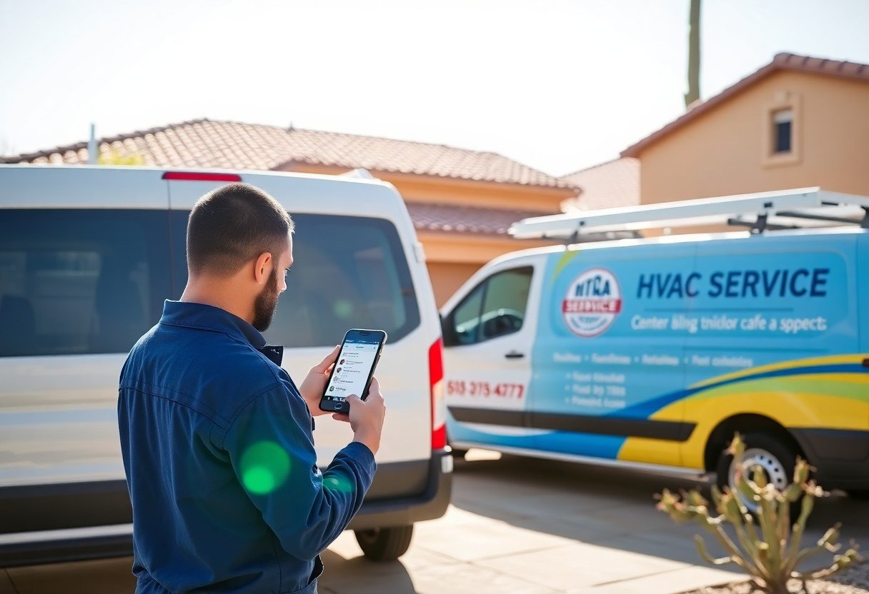 HVAC technician reviewing appointment details on phone outside customer home in Phoenix