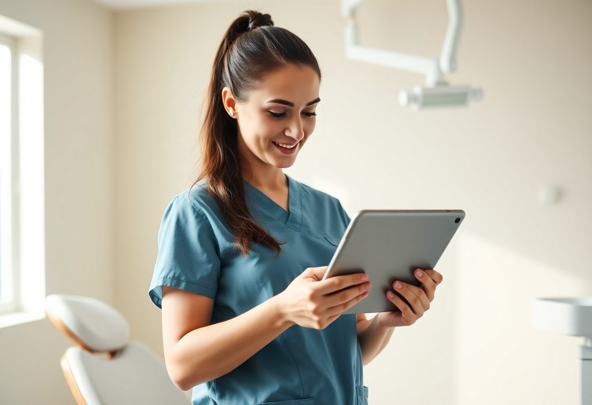 dental hygienist reviewing patient schedule on tablet in operatory
