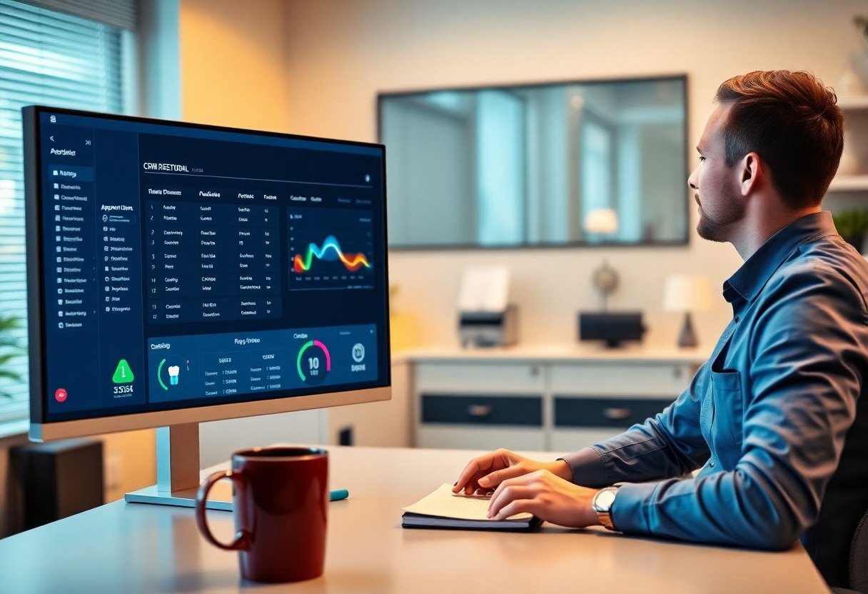 dental office manager reviewing CRM dashboard with appointment calendar and patient pipeline on monitor
