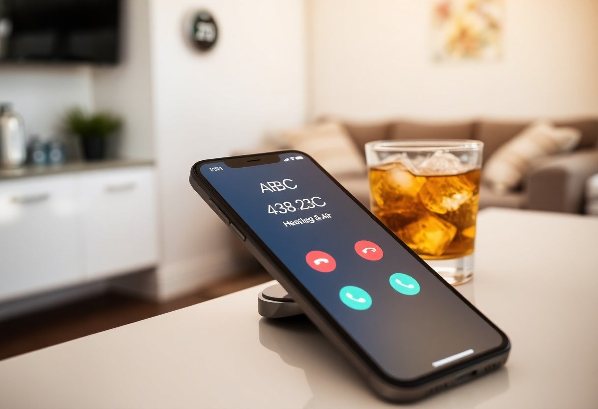 smartphone displaying incoming HVAC service call on kitchen counter