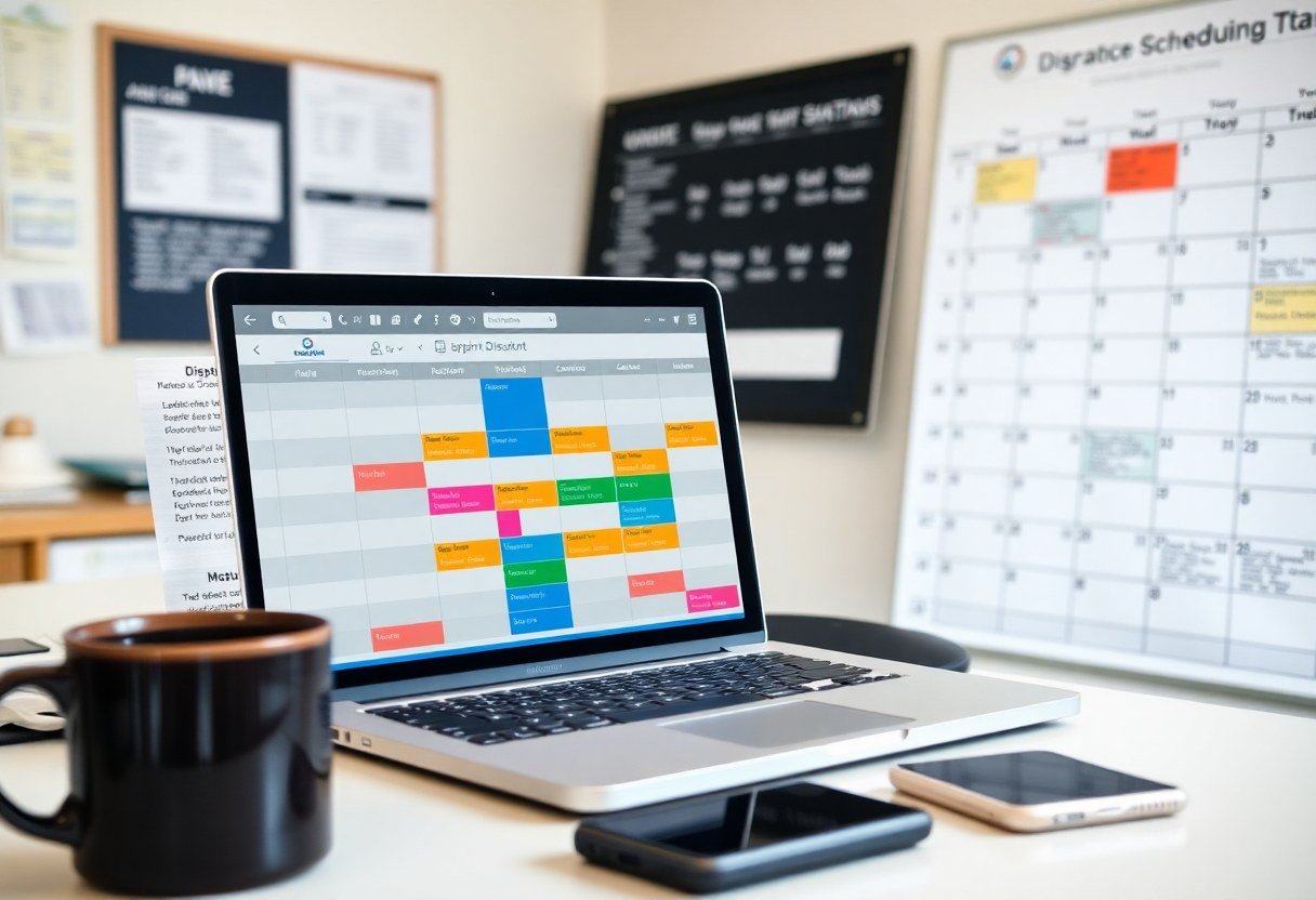 HVAC dispatch scheduling board on laptop screen with color-coded service appointments