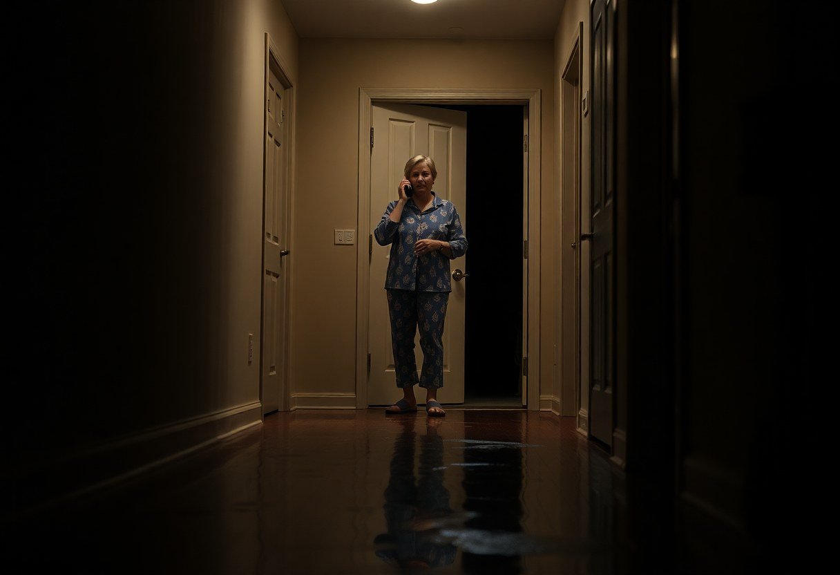 Homeowner on phone at night with water flooding hallway floor during plumbing emergency
