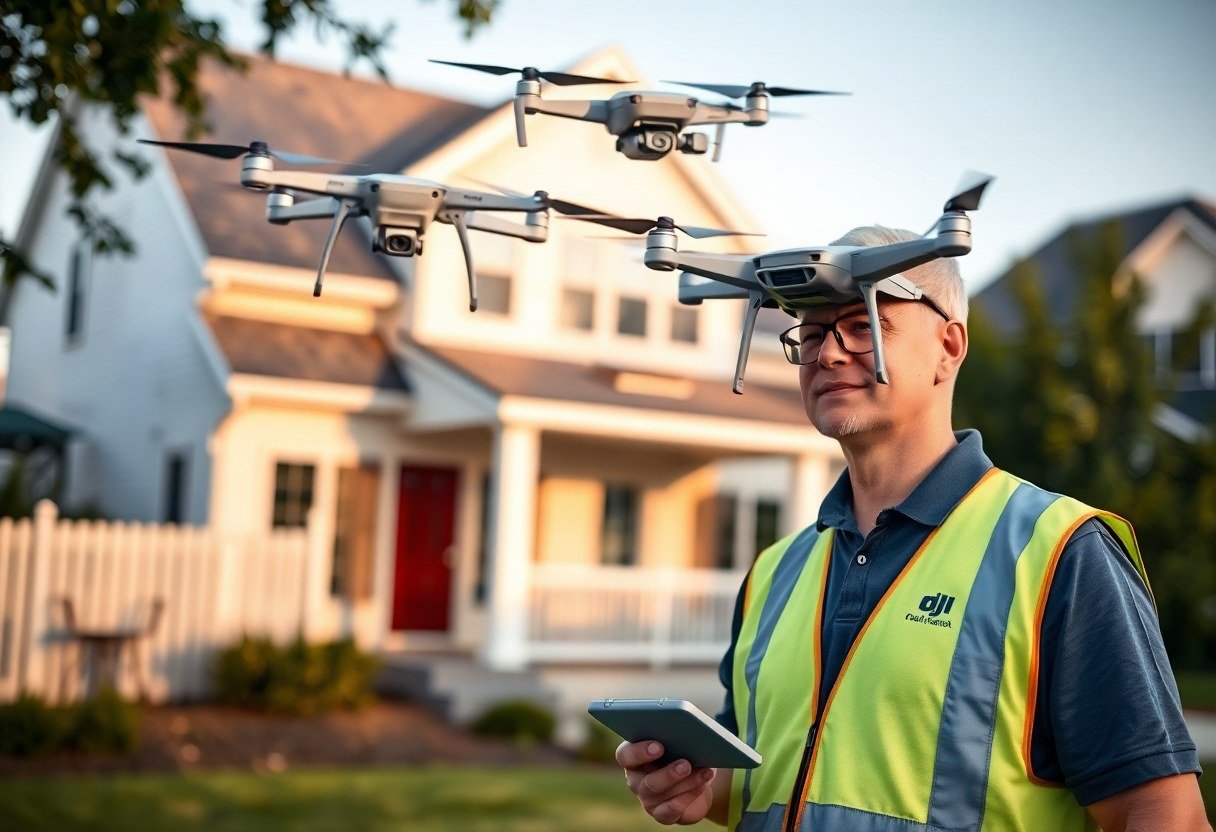 Roofing inspector operating a drone for a residential roof inspection in a suburban neighborhood