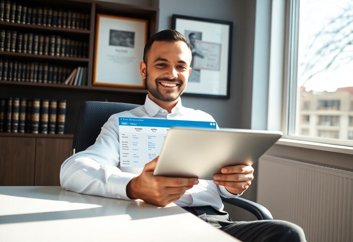 Personal injury attorney reviewing lead pipeline on tablet in modern law office