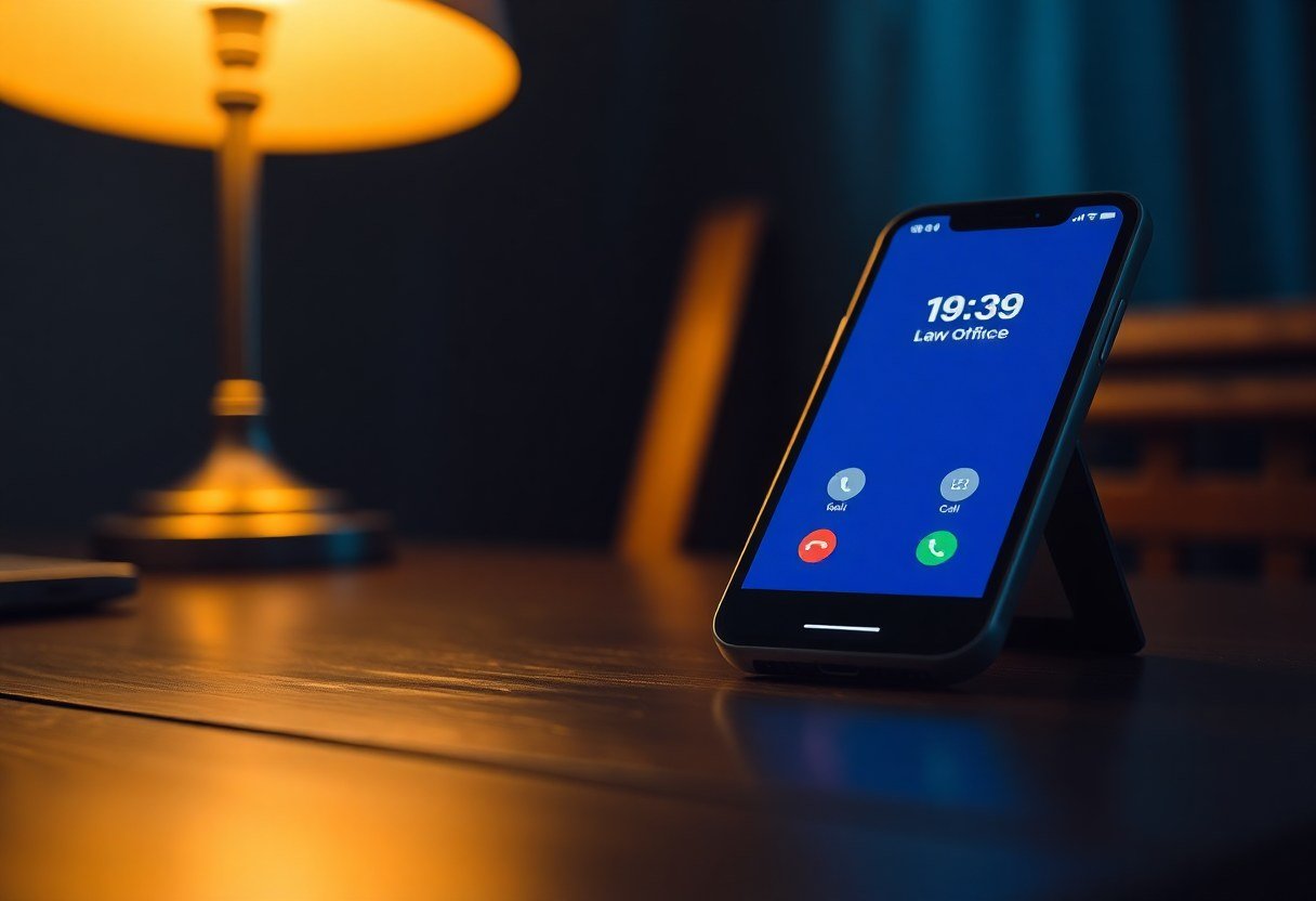 smartphone displaying incoming call at night on law office desk
