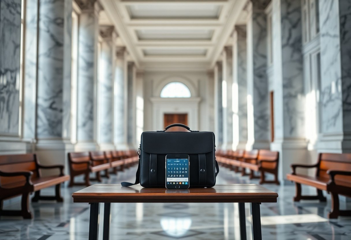 courthouse interior with briefcase and phone showing calendar during recess